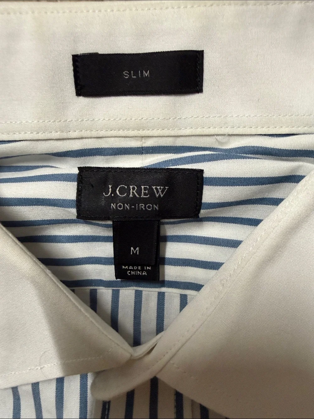 J. Crew Men’s Blue and White Striped Dress Shirt with Contrast White Collar